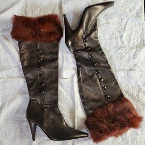Brown Leather Knee-High Boots w/ Genuine Fox Fur Trim | Statement Heels
